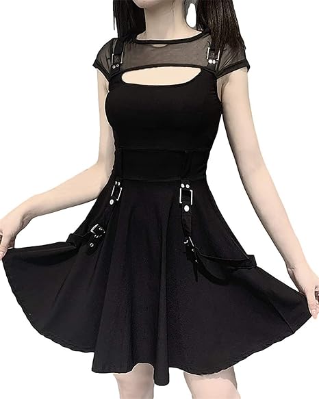 TSMNZMU Women Gothic Mesh Mini Dress Black Harajuku Grunge Halter Dresses Sleeveless Aesthetic Alt Dress Y2K Emo Dress - sugar skull dress