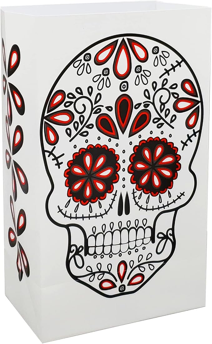 LumaBase Plastic Luminaria Bags, Sugar Skull - Set of 12 - skull candle