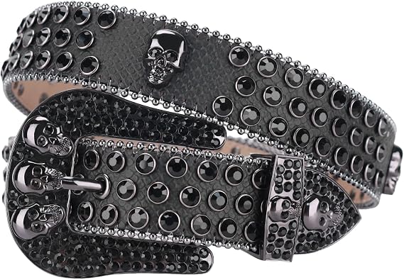 TINIDI Western Men Women Rhinestone Belts Bling Crystal Skulls Studded Leather Belt For Pants Jeans - skull wallet