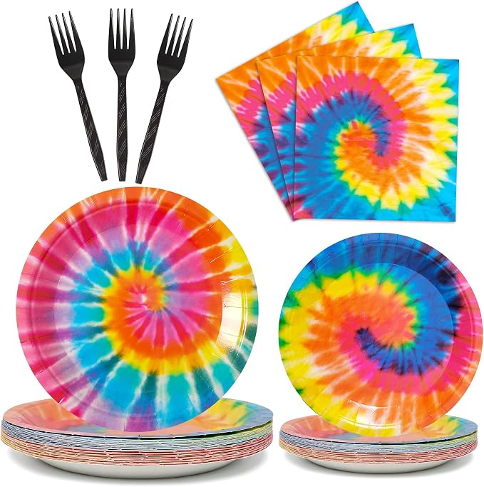 24 Guests Tie Dye Party Plates Napkins Tie Dye Birthday Party Decorations Supplies for Girls Tie Dye Birthday Paper Plates Napkins Forks Tableware Set (96 Pieces) - skull plate