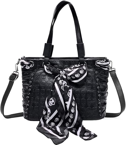 Downupdown Women Handbags Purse Shoulder Bags Skull Print Leather Hobo Bag Black Gothic Bag Ladies Satchel with Handkerchief - sugar skull handbags for sale