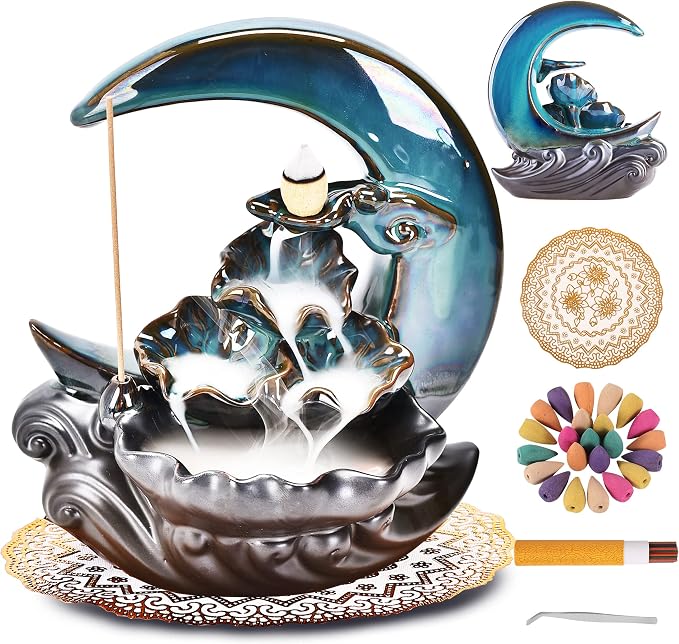New Moon Backflow Incense Holder, Ceramic Hand-Made Incense Fountain Burner with 100 Backflow Incense Cones，Fragrance Incense Stick，Mat，Aromatherapy Home Decoration - skull incense burner