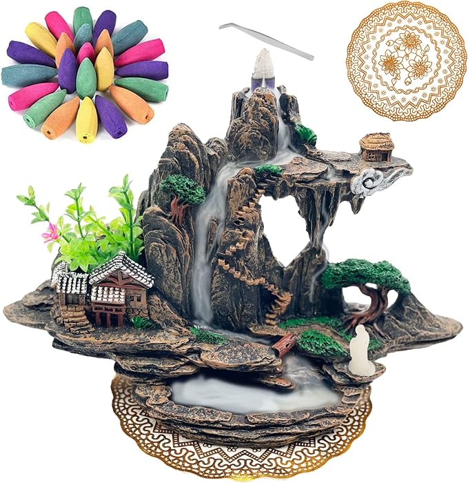 Mountain Waterfall Incense Burner，Backfall Incense Holder River, Incense Falls Meditation Decor for Room with Upgrade Incense Cones and Accessories (Mountain) - skull incense burner