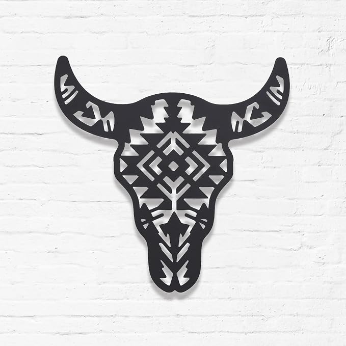 ORIGACH Black Metal Western Cow Skull Art Decor Cool Wall Hanging Western Rustic Metal Bull Head Wall Sculptures Decor for Living Room Bedroom Kitchen Garden Gift Idea, 12 inch