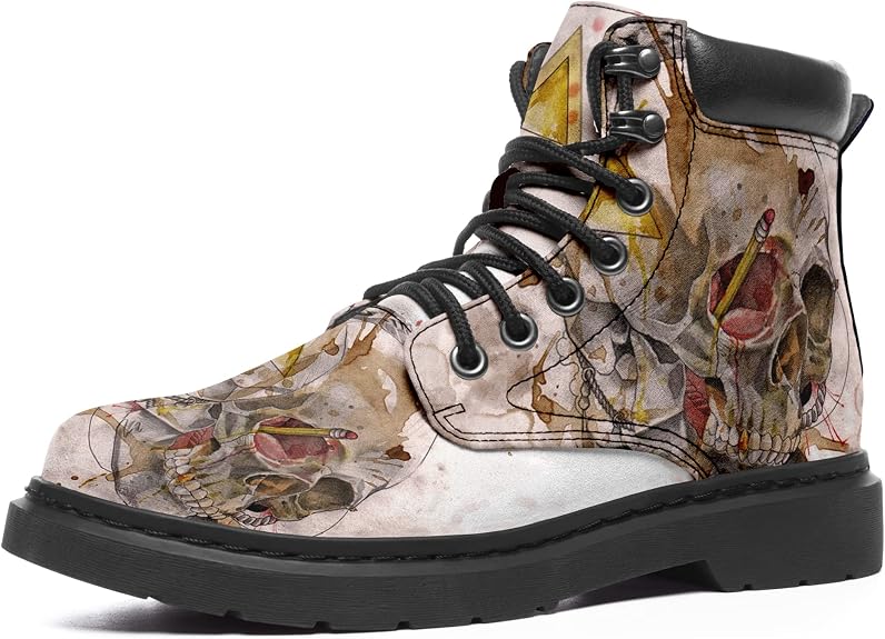 Unisex Ankle Boots Skull Print Hippie Shoes Lace up Combat Boots Anti-slip Fashion Boots for Men and Women - sugar skull boots