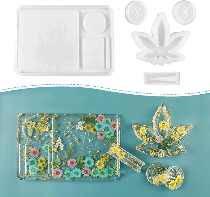 4 PCS Silicone Molds for DIY Epoxy Resin - Large Resin Molds Including Rolling Tray Mold Ashtray Joint Holder and Resin Grinder Mold - skull ashtray