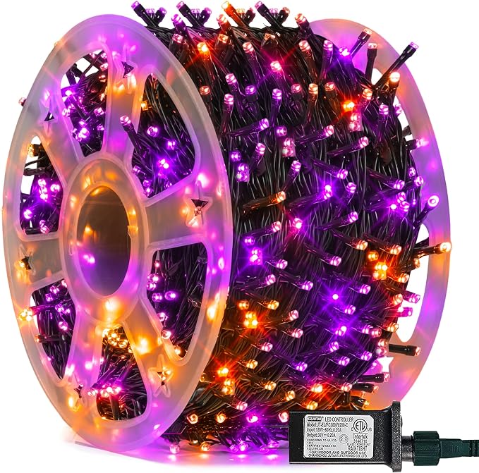 FUNPENY 164FT 500 LED Halloween Lights, 8 Modes Waterproof Plug in String Lights for Halloween Indoor Outdoor Yard Party Wedding Garden Home Decorations (Purple & Orange) - string light