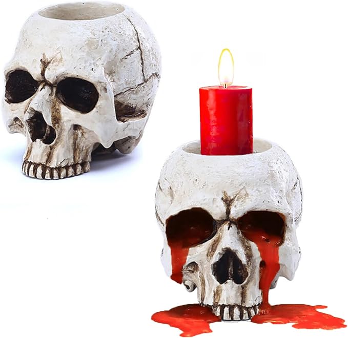 VICDUEKG 2 Pcs Skull Candle Holder Skeleton Candlestick Holders Spooky Tealight Cup Gothic Decor Resin Candlestick Crafts for Halloween Christmas Home Party Graveyard Outdoor Bar Decoration, White - skull candle