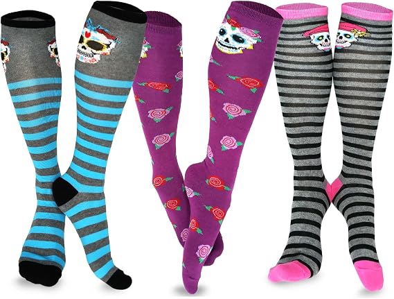 TeeHee Crazy Fun Silly Funky Girls Socks Novelty Knee High and Crew for Women Multipair Cotton - sugar skull boots