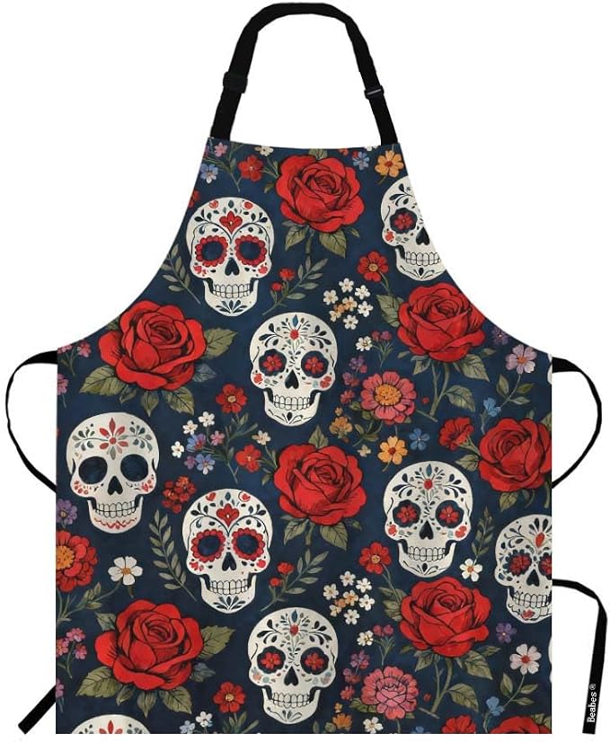 Sugar Skull Chef Apron 27 X 31 Inch Day of The Dead Sugar Skull with Floral Non-Pilling Bib Aprons for BBQ Grilling Gardening with Adjustable Neck Strap - skull painting
