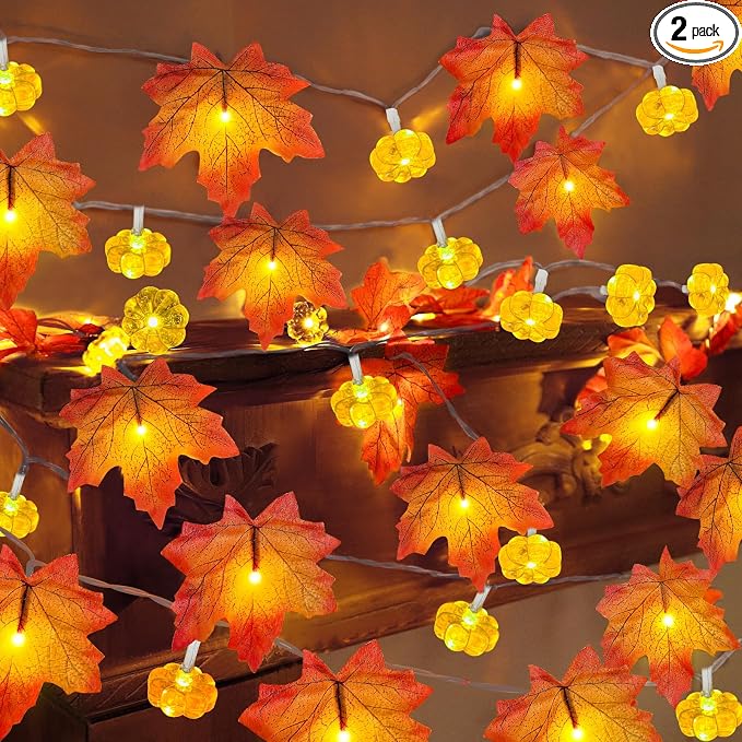 Timer - 2 Pack Fall Decor Fall Garland with Pumpkin Lights Battery Operated - string light