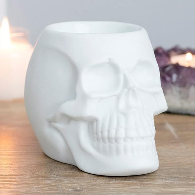 Ebros Gift Alchemy Fantasy Macabre Gothic Skull Skeleton Ceramic Votive Candle Essential Oil Tart Wax Herbs Warmer Holder Sculpture Home Aroma Fragrance Accessory (Matte White) - skull candle