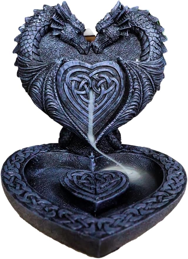 Ebros Gift Guardian of Faux Stone Celtic Heart Tomb Altar Romantic Double Dragon Backflow Cone Incense Cascading Smoke Pool Waterfall Burner Holder Figurine Fantasy Gothic Dungeons and Dragons - skull incense burner