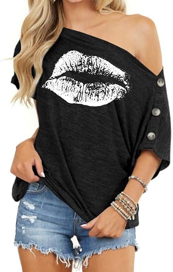 INFITTY Womens Off Shoulder Tops Casual Summer Loose Button Down Short Sleeve Shirt Tunic Blouse - skull tank tops