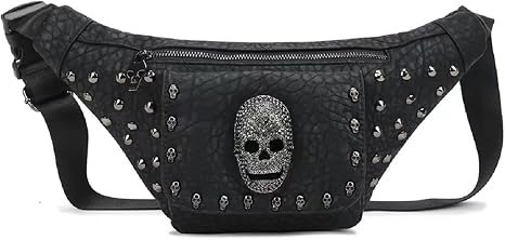 XingChen Skull Fanny Packs Fashionable PU Leather Bumbag Women and Men Belt Bag Black Waist Pack with Adjustable Belt for Rave,Festival,Travel,Party - skull suitcase