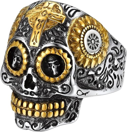 Sugar Skull Rings for Men Women, Stainless Steel Two Tone Mens Biker Ring Halloween Jewelry Day of the Dead Memory Jewelry For Death, Gift Box Included - skull ring