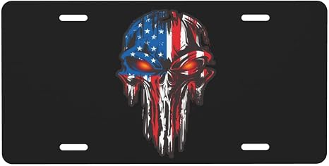 [Decorative] American Flag Skull Patriotic Car Front Plate, Novelty Vanity Tag, Metal Auto Decor Plate for Cars, Trucks, SUVs – 6×12 Inch (Not for Official Use)