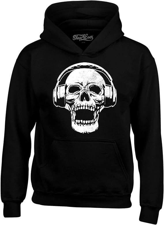 shop4ever DJ Skull Wearing Headphones Skeleton Hoodie Sweatshirts - skull hoodie