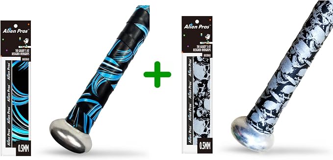 ALIEN PROS 2 Pack Blue Waves & Skull Bat Grip Tape for Baseball 0.5MM - Wrap Your Bat for an Epic Home Run - skull sticker