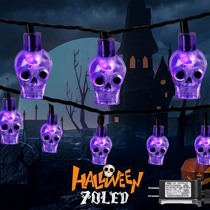 RECESKY 70 LED Skull String Lights - 22.6ft Plug in Halloween String Light for Outdoor and Indoor Decor - Spooky Lighting for Patio, House, Bedroom, Parlor, Halloween Party Decorations (Purple) - string light