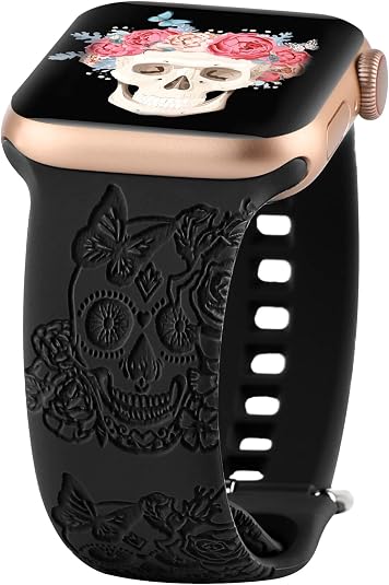 Skull Engraved Design Sport Bands Compatible with Apple Watch iWatch Bands 40mm 38mm 41mm, Flower Pattern Laser Printed Soft Silicone Strap for iWatch Series 10-1 & SE - skull watch