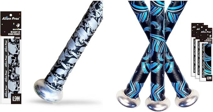 ALIEN PROS 4 Pack Skull & Blue Waves Bat Grip Tape for Baseball 0.5MM - Wrap Your Bat for an Epic Home Run - skull sticker
