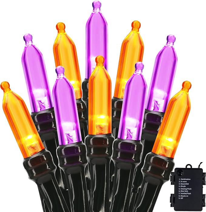 BrizLabs Purple Orange Halloween Lights Battery Operated, 33 ft 100 LED - string light