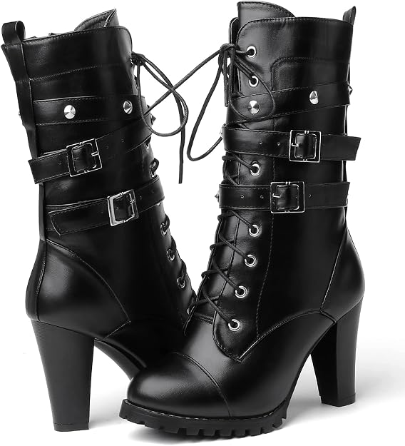 Susanny High Heel Boots for Women,Womens Platform Boot Heels Sexy Round Toe Lace UP High Heels Mid Calf Boots - sugar skull costume