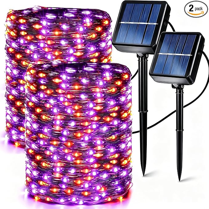 Brizled Solar Halloween Lights Outdoor, 2 Pack Total 240 LED Orange Purple - string light