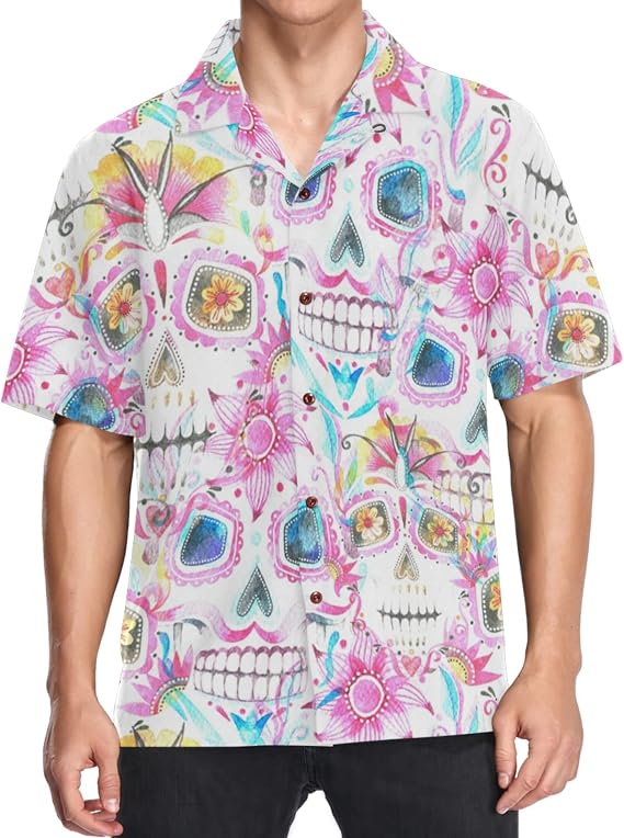 visesunny Summer Men's Hawaiian Shirts Casual Button Down Short Sleeve Shirts Shorts Beach Tropical Hawaii Suits - skull tshirt