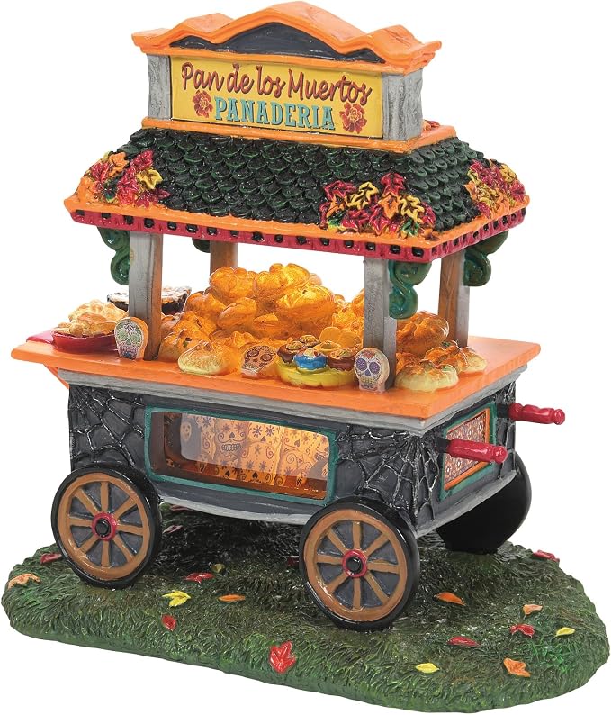 Department 56 Snow Village Halloween Acccessories Day of The Dead Pastry Cart Lit Figurine, 5.63 Inch, Multicolor - skull figurine
