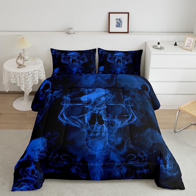 Erosebridal Blue Skull Comforter Set Queen Gothic Skeleton Comforter - skull bedding