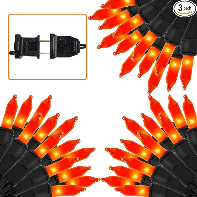 LJLNION 3 Pack Halloween Lights Outdoor, Each 29ft 150 Count Black Wire Incandescent Fairy Mini Lights, 120V UL Certified Clear Light String, Connectable for Patio Tree Party Home Decor, Orange - string light