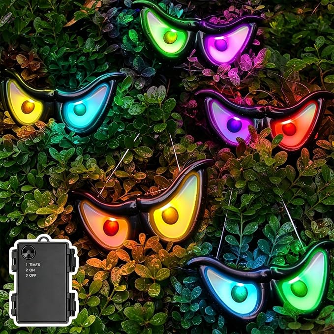 WATERGLIDE Outdoor Halloween Decoration Flashing Spooky Eyes Lights, 5 Pairs Battery Operated Light Up Peeping Eyeball Auto Color Changing, for Yard, Lawn, Graveyard Scenes and Party - skull lamp
