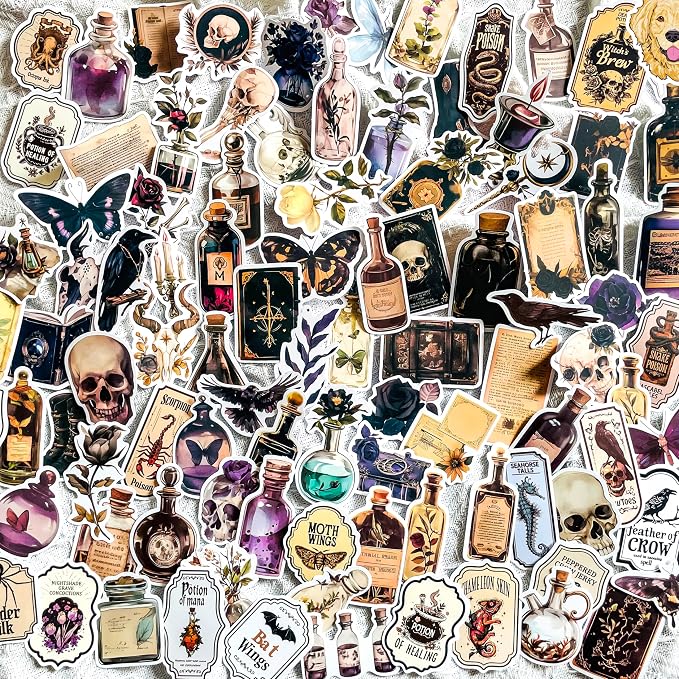 Vintage Medieval Apothecary Potion Labels Stickers - 100 Pcs Gothic Dark Dark Academia & Witchcraft Halloween Decor Stickers for Scrapbook,Journals,Water Bottle, Laptop - skull sticker