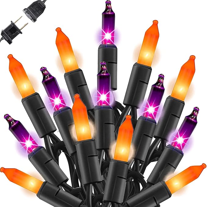 Dazzle Bright Purple and Orange Halloween Mini Lights, 20FT 100 Count Waterproof Incandescent Lights Plug in, Connectable Halloween Decorations for Indoor Outdoor Party Yard Decor - string light