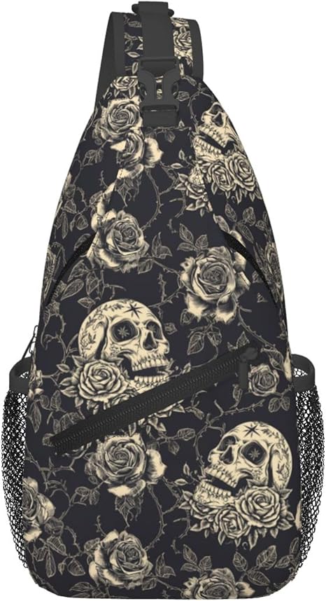bassyil Skull Rose Sling Bag Crossbody Travel Hiking Chest Backpack Shoulder Daypack for Women Men - sugar skull handbags for sale