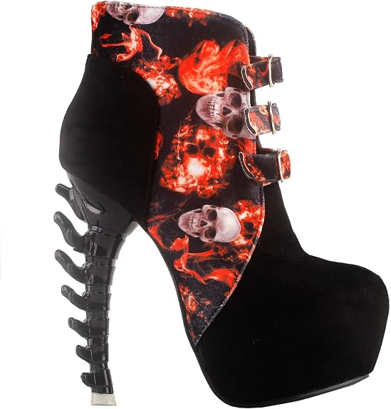SHOW STORY Black Skull in Fire Strappy Buckle High-top Bone High Heel Platform Ankle Boots,LF80664 - sugar skull boots