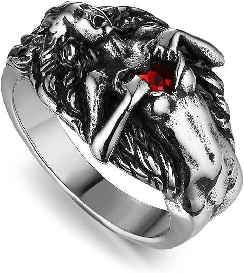 HZMAN Men Women Dark Gothic Rings Vintage Red Love Cubic Zirconia Rings Open Your Heart Personality Rings - skull ring