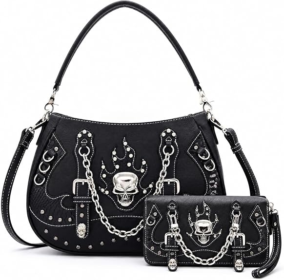 Cowgirl Trendy Gothic Metallic Skull Purse and Wallet Set for Women - sugar skull handbags for sale