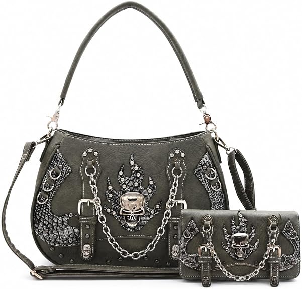 Cowgirl Trendy Gothic Metallic Skull Purse and Wallet Set for Women - sugar skull handbags for sale