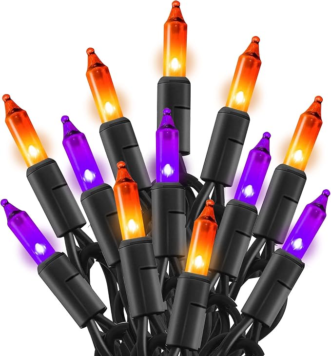 TW SHINE Purple and Orange Halloween Lights, 20FT 100 Count Incandescent Mini String Lights, Waterproof Halloween Decorations for Outdoor Indoor Patio Home Party Garden Yard Decor - string light