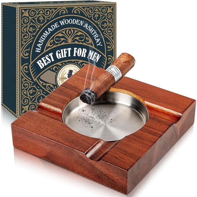 Wood Cigar Ashtray Cigarettes Ashtrays for Indoor Outdoor Patio Home Office Use Square Wooden Brown Cigar Ash Tray Gifts for Men with GIFT BOX (Classic) - skull ashtray