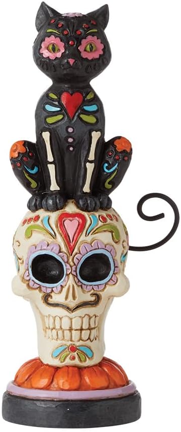 Enesco Jim Shore Heartwood Creek Halloween Day of Dead Black Cat on Sugar Skull Figurine, 6.29 Inch, Multicolor - skull figurine