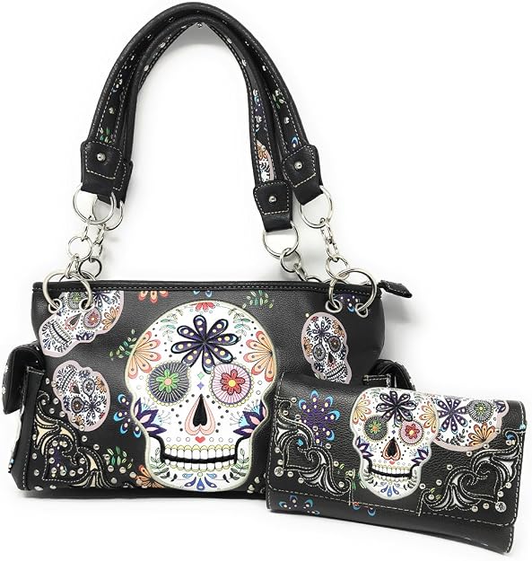 Texas West Women's Embroidered Metal Skull Purse Handbag and Wallet set in 7 colors - sugar skull handbags for sale