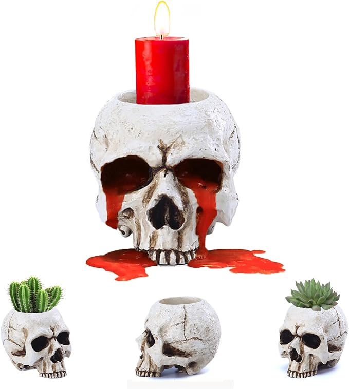 VICDUEKG Skull Candle Holder Skeleton Candlestick Holders Spooky Tealight Cup Gothic Decor Resin Candlestick Crafts for Halloween Christmas Home Party Graveyard Outdoor Bar Decoration, White, 1 Pieces - skull candle