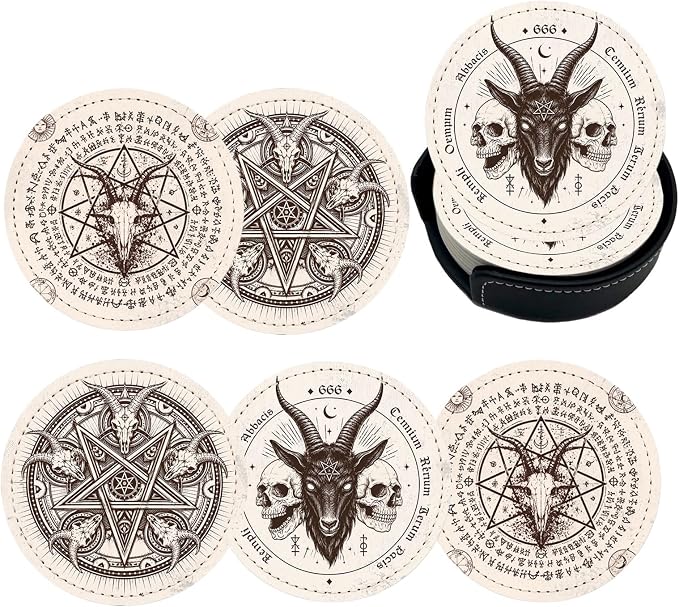 Satan Goat Skull Coasters for Drinks with Holder Leather Coasters Set of 6 for Coffee Table - skull coaster