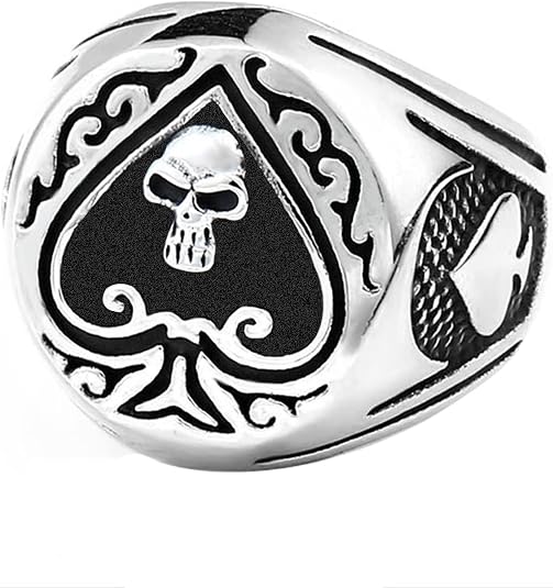 JAJAFOOK Men Titanium Steel Ace of Spades High Polished Gothic Skull Rings - skull ring