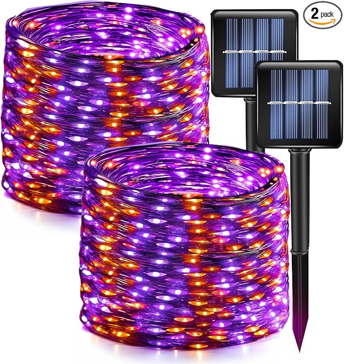 Dazzle Bright 2 Pack Purple and Orange Halloween Fairy String Lights, Total 80FT 240LED Solar Powered Fairy Lights with 8 Modes, Waterproof Copper Black Wire Lights for Outdoor Yard Party Decorations - string light