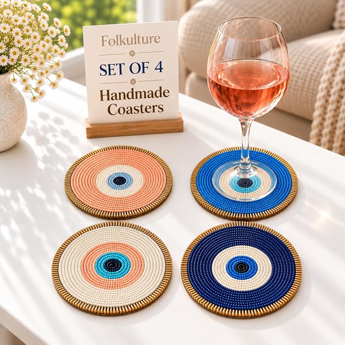 Folkulture Cute Coasters Set of 4 For Drink, Boho Table decor & Party Décor - skull coaster